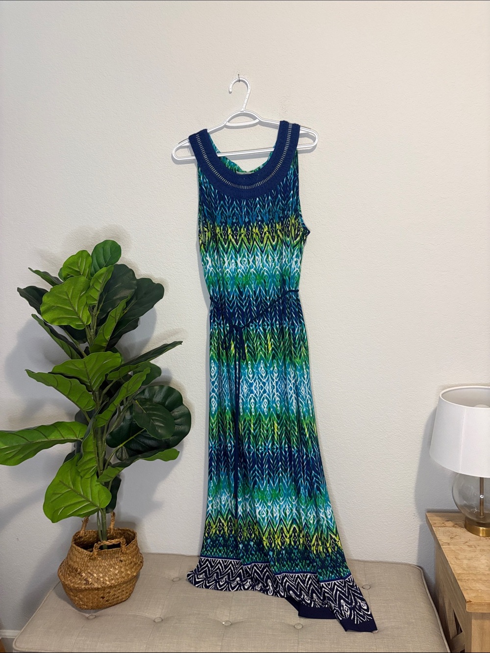 Sleeveless Blue-Green Patterned Maxi Dress 3x with tie waist
